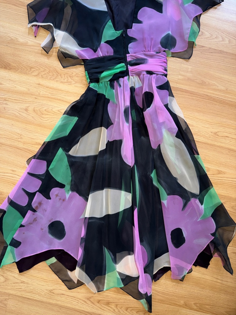Vintage A.J. Bari Floral Chiffon Midi Dress Black Lavender Green Size 6 1980s - Picture 14 of 16